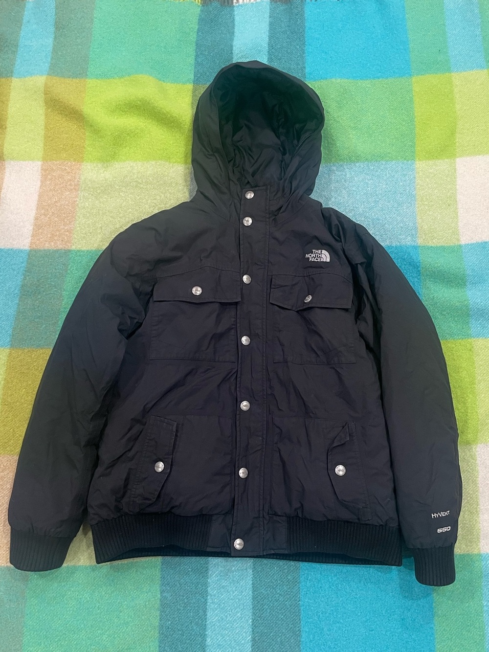 The North Face HyVent 550 Black Down Puffer Hooded Bomber Jacket